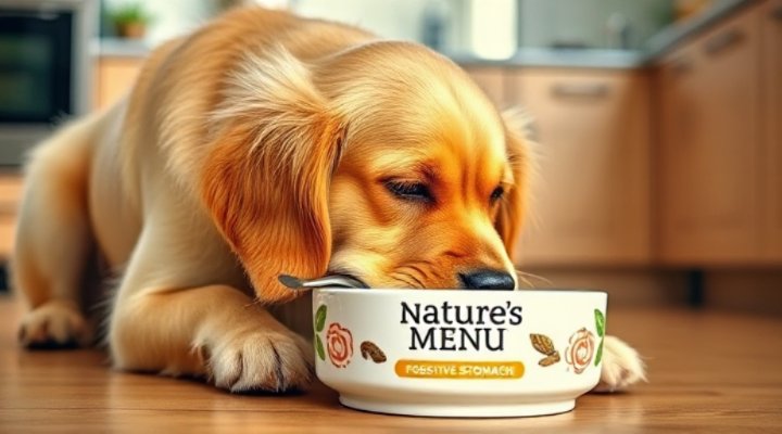 Golden retriever happily eating Nature