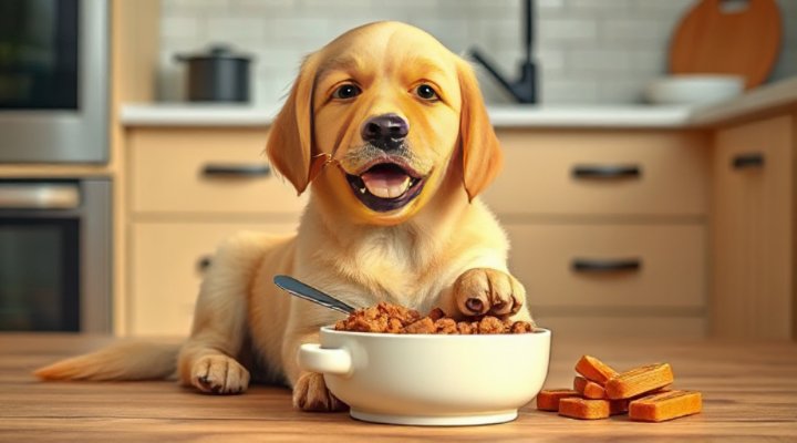 Golden retriever happily eating raw food from bowl