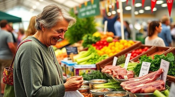 Person carefully selecting raw dog food at a vibrant local farmers market