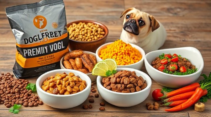 Assortment of dry kibble, wet food, and fresh dog food options displayed beautifully