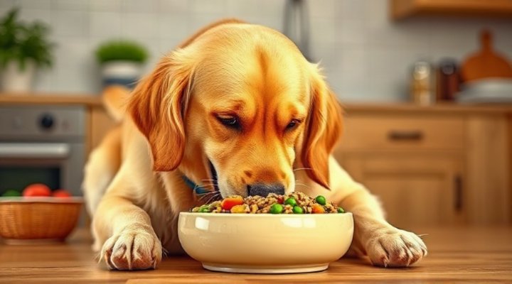 Golden retriever happily eating plant-based dog food from ceramic bowl