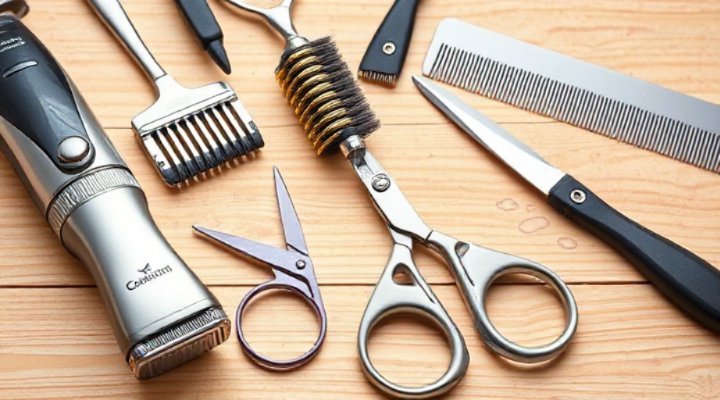 Essential dog grooming tools including clippers, brushes, and scissors for professional use