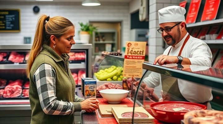 Woman discussing meat options with local butcher for her dog