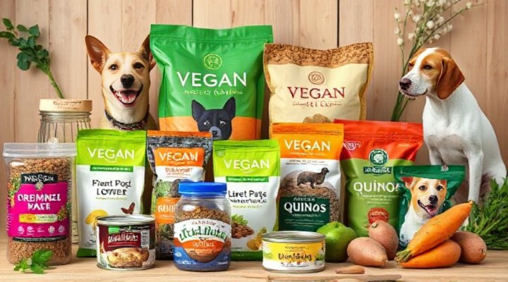 Assortment of commercial vegan dog foods and homemade recipes