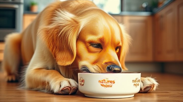 Golden retriever happily eating Natures Menu sensitive stomach dog food from bowl