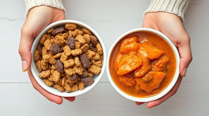 Side-by-side comparison of wet and dry dog food options