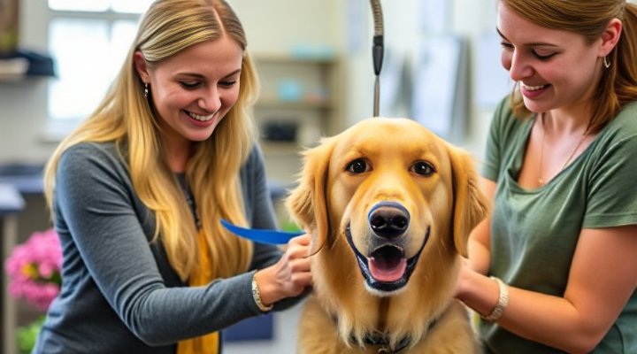 Instructor guiding a student during a hands-on dog grooming practice with a calm golden retriever