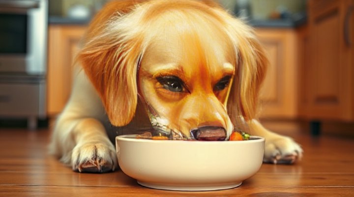A joyful golden retriever enjoying a bowl of Pet Fresh dog food