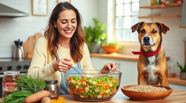 Caring owner preparing homemade vegan dog meal with fresh ingredients