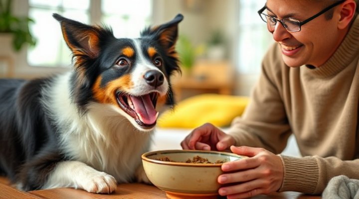 Satisfied dog eating from bowl while owner smiles proudly