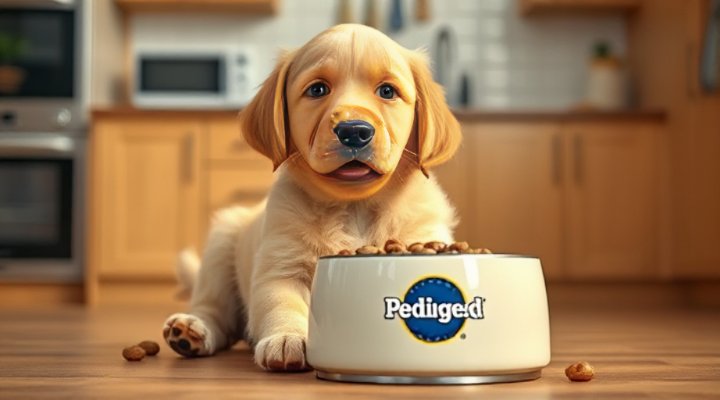 Happy golden retriever puppy enjoying pedigree puppy food from ceramic bowl