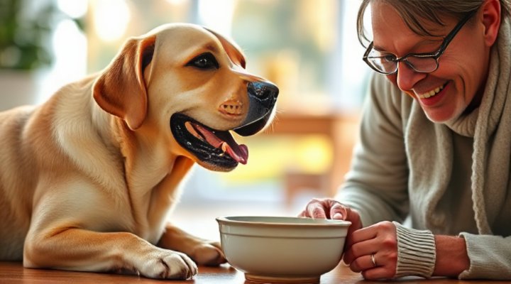 Smiling dog happily eating from bowl while loving owner watches affectionately