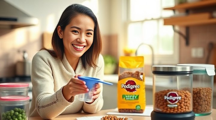 Caring pet owner measuring precise portion of pedigree puppy food using measuring cup