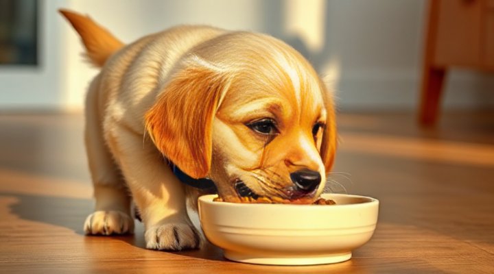 Golden retriever happily eating Pet Fresh dog food from a bowl