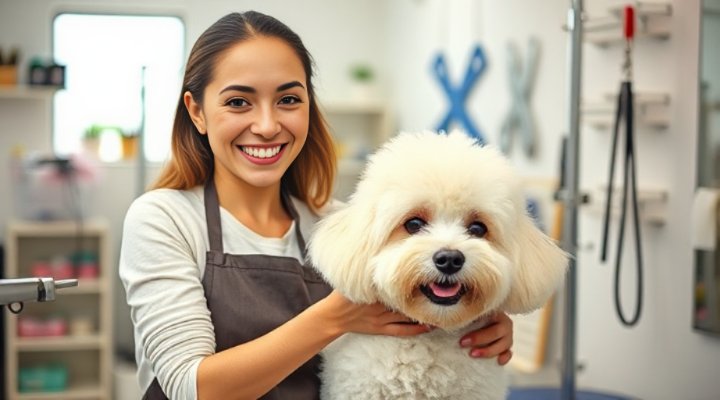 Professional dog groomer demonstrating brushing techniques in a clean, well-equipped salon