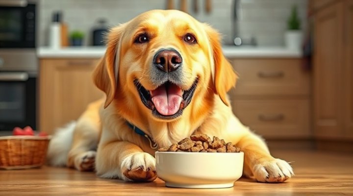 Golden retriever happily eating raw food from bowl