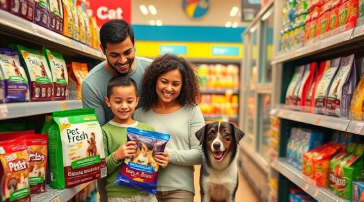 Loving family discussing Pet Fresh dog food selection in pet store