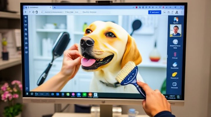 Online instructor showing proper brushing technique on labrador retriever
