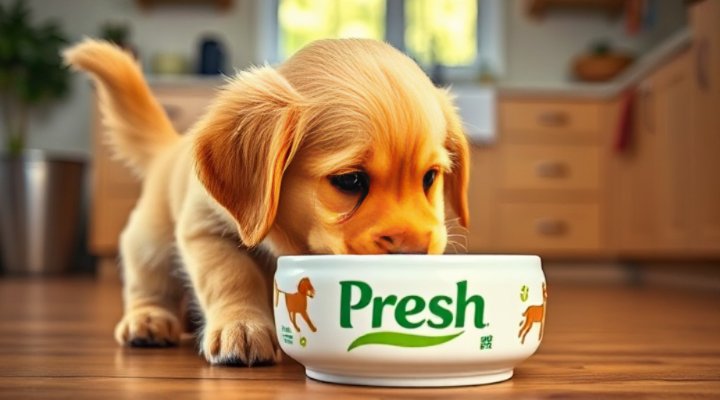 Golden Retriever enjoying Pet Fresh dog food from a bowl