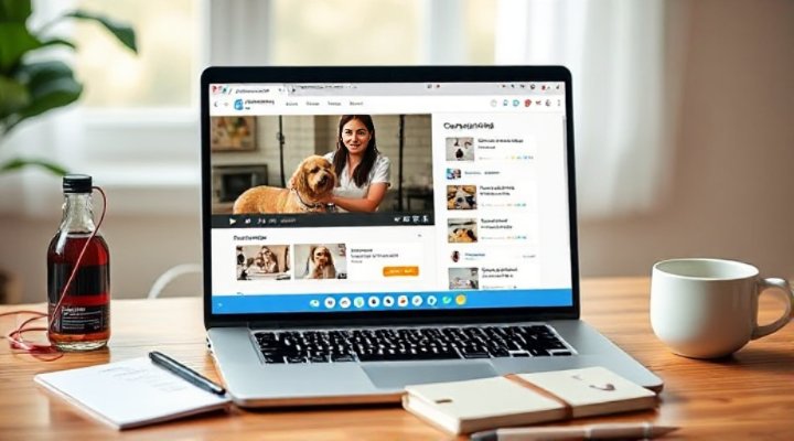 Modern laptop showing interactive dog grooming course with video lessons