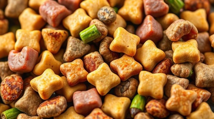 Close-up of Pedigree puppy food ingredients with meat pieces and vegetables