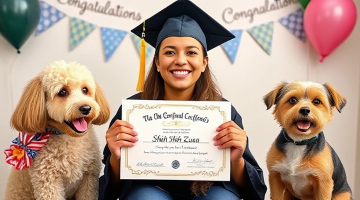 Happy graduate celebrating with beautifully groomed dogs of different breeds