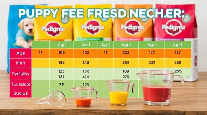 Colorful feeding schedule chart showing Pedigree puppy food portions by age