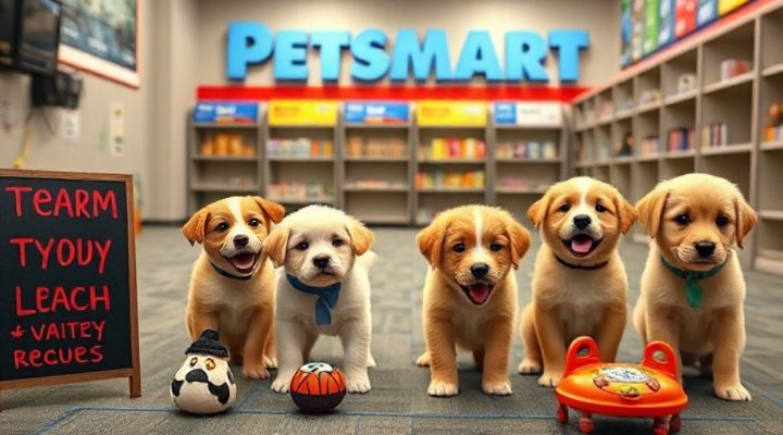 Group of puppies learning basic commands in a Petsmart training class