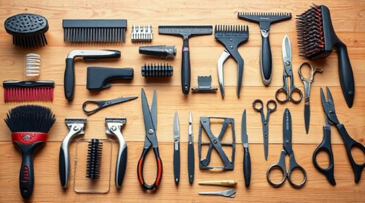 Collection of professional dog grooming tools including brushes, clippers, and scissors organized on a table