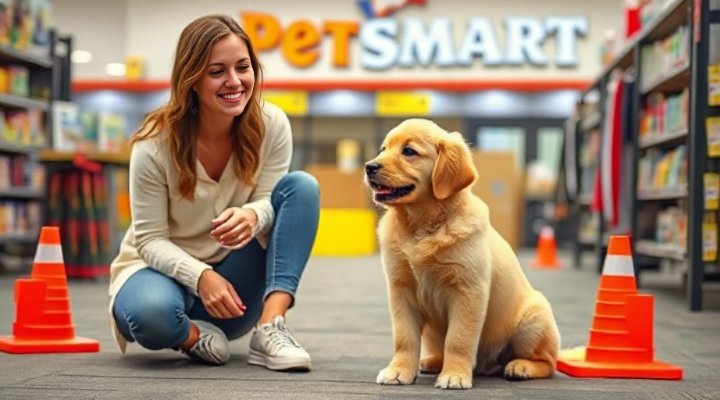 A joyful golden retriever and smiling owner participating in a Petsmart dog training session