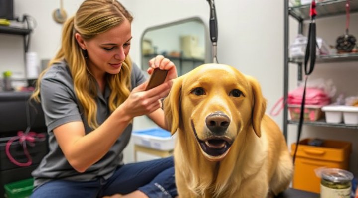 Student practicing basic grooming techniques on a calm golden retriever