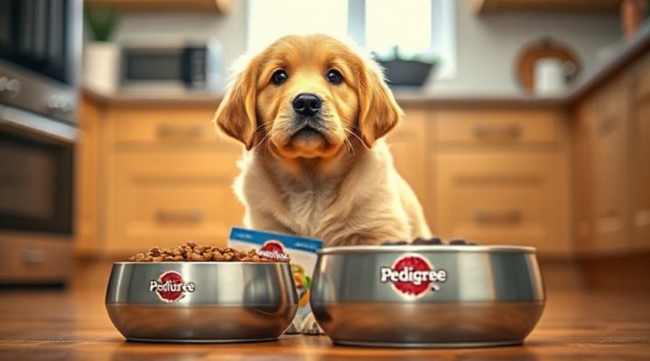 Cute puppy eagerly awaiting mealtime with Pedigree food