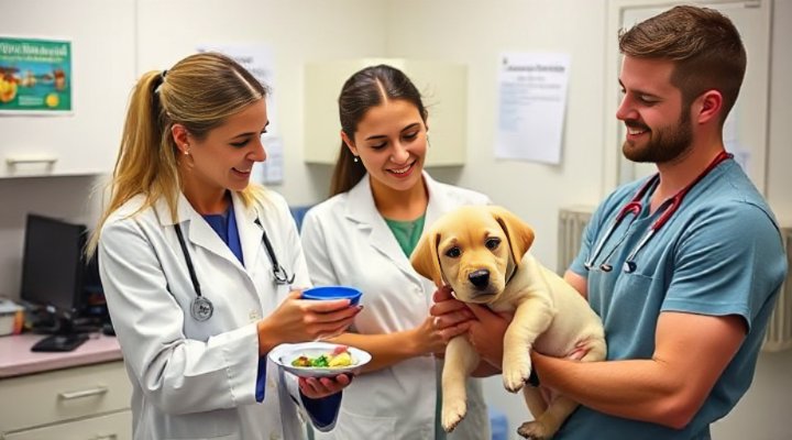 Veterinarian discussing puppy nutrition with owner