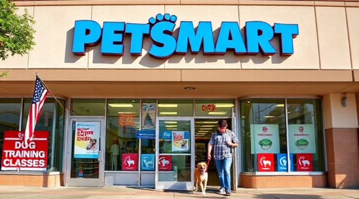 Petsmart storefront displaying dog training class signage and welcoming entrance