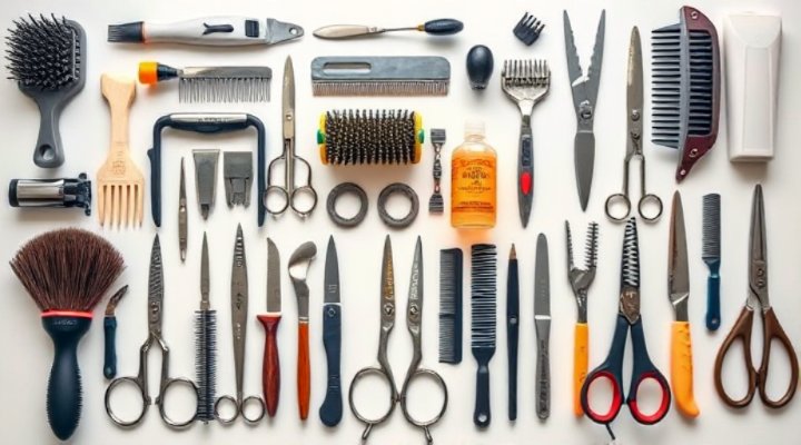 Various professional dog grooming tools arranged neatly on table