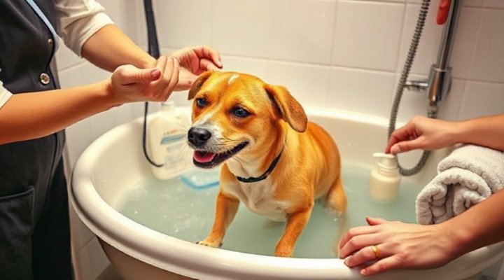 Demonstration of proper dog bathing technique during a grooming course session
