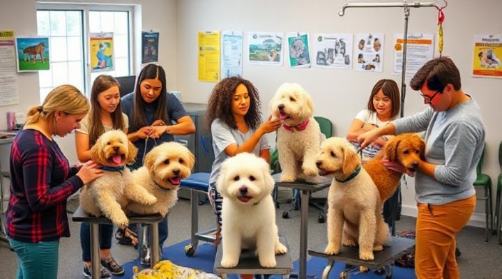 Students practicing grooming techniques under instructor supervision in a dog grooming course