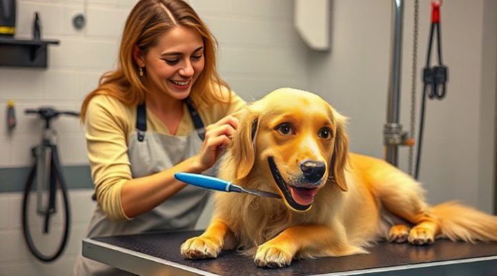 A professional groomer gently brushing a fluffy golden retriever during a dog grooming course