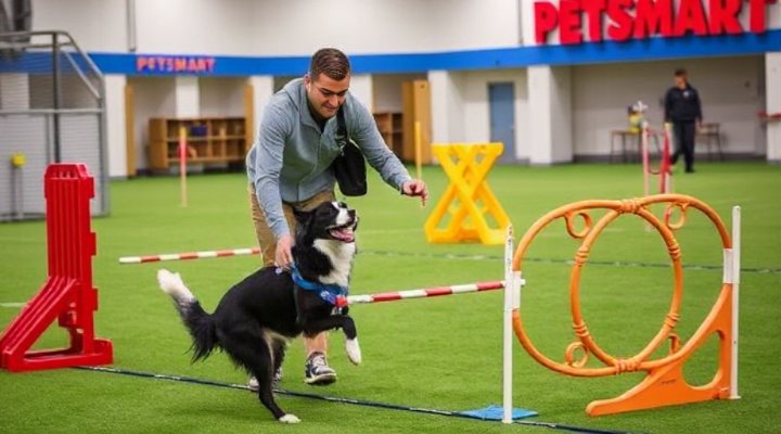 Dog and owner working on advanced commands in a Petsmart training setting