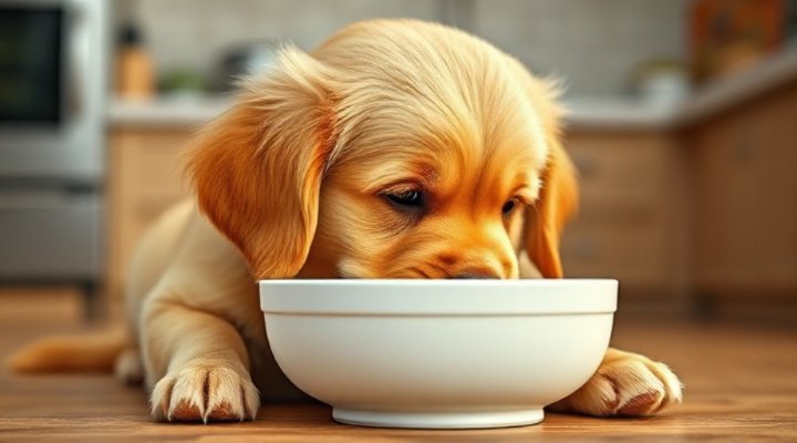 Golden retriever puppy happily eating Pedigree puppy food from bowl