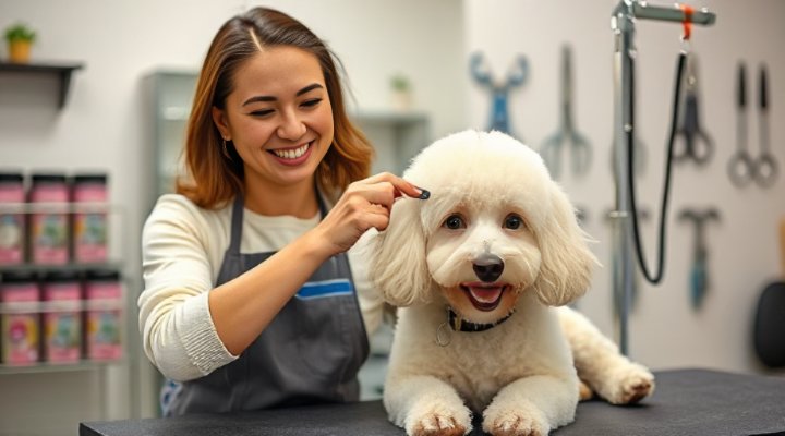 Professional dog groomer smiling while brushing a happy white poodle