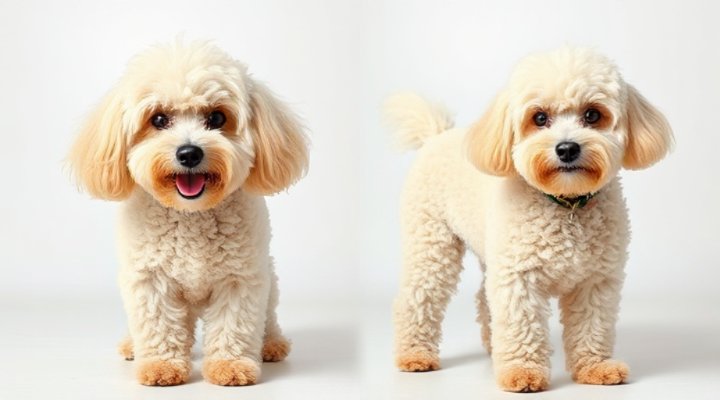 Side-by-side comparison showing a dog before and after professional grooming