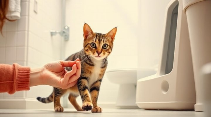 Loving owner using treats to encourage a cat toward the litter box