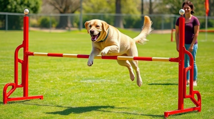 A Labrador Retriever leaping over a hurdle in an agility course