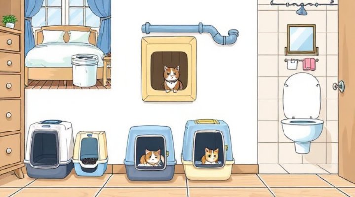 Various litter boxes set up in peaceful spots to aid in cat training