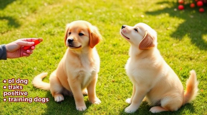 A cute dog sitting obediently during a training session with a smiling owner