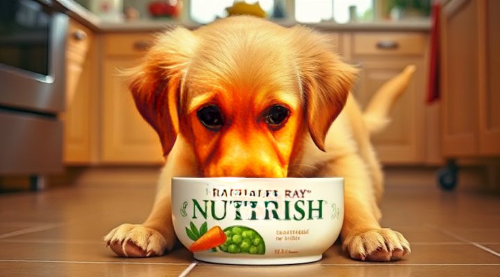 A cute, happy dog eating from a bowl of Rachael Ray Nutrish dog food, showing the natural ingredients