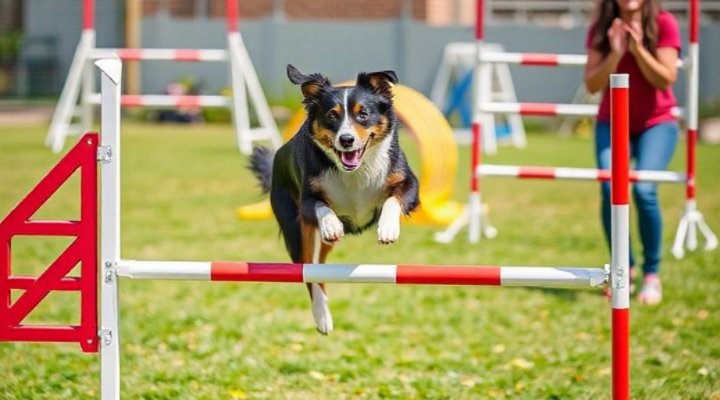 An energetic dog navigating an agility course with jumps and tunnels