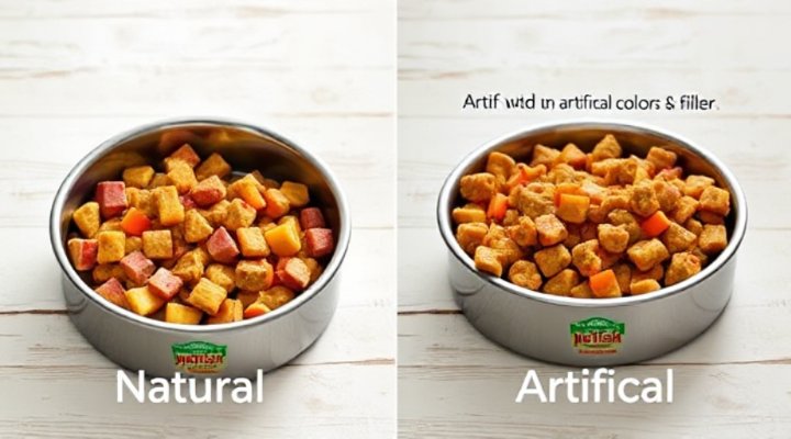 Visual comparison showing natural ingredients in Rachael Ray Nutrish versus artificial additives in other foods