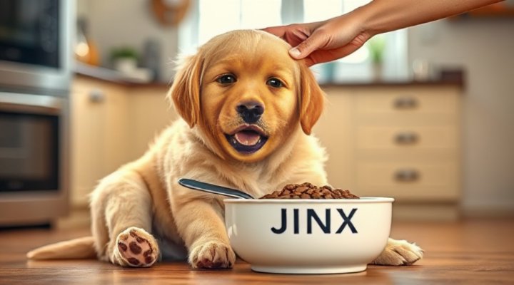 A cute golden retriever puppy happily eating Jinx dog food from a ceramic bowl